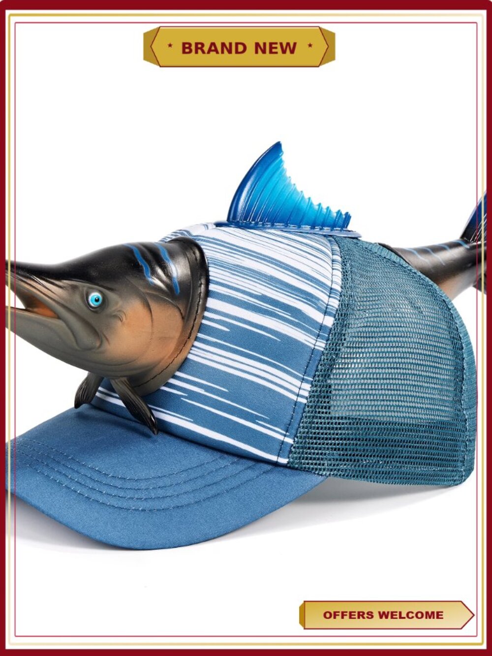 Funny 3D Trucker Hat Adjustable Snapback Mesh Cap Blue Marlin Novelty